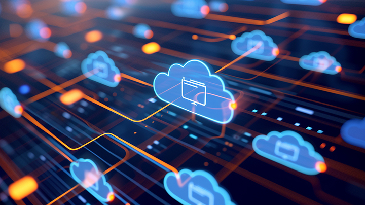 Cloud database icons connected to a central document folder, symbolizing networked storage solutions